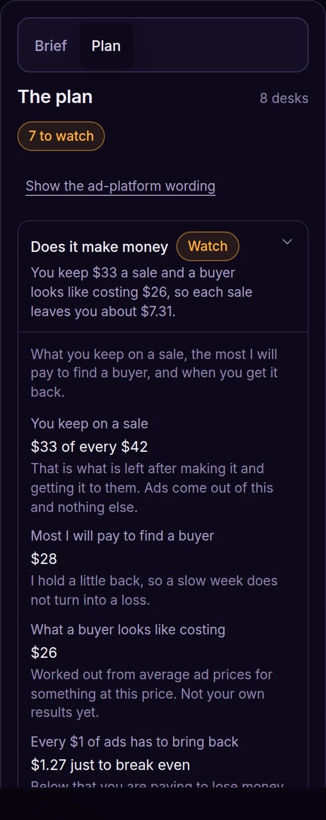 The plan panel: eight sections, each opening to show the reasoning behind the decision, with the ad-platform wording one tap away.